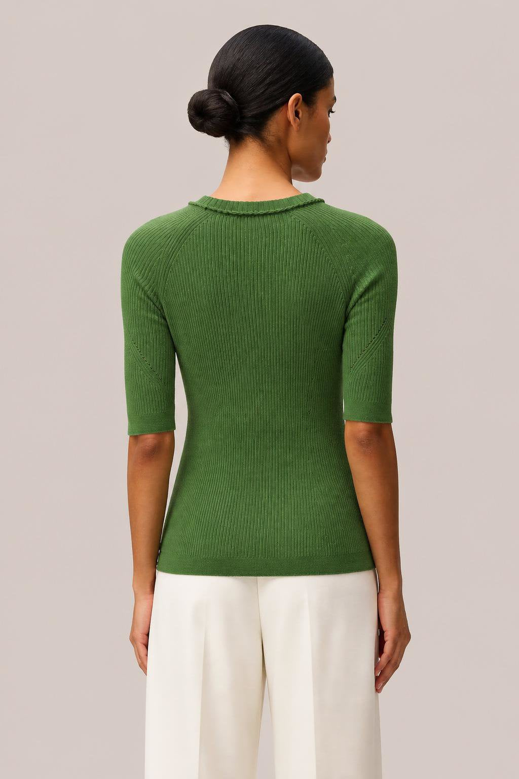 GREEN LIGHT CASHMERE RIBBED KNIT T-SHIRT WITH CROCHET DETAIL