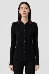 BLACK + RED AND CAMEL CASHMERE RIBBED CARDIGAN