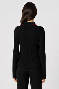 BLACK + RED AND CAMEL CASHMERE RIBBED CARDIGAN