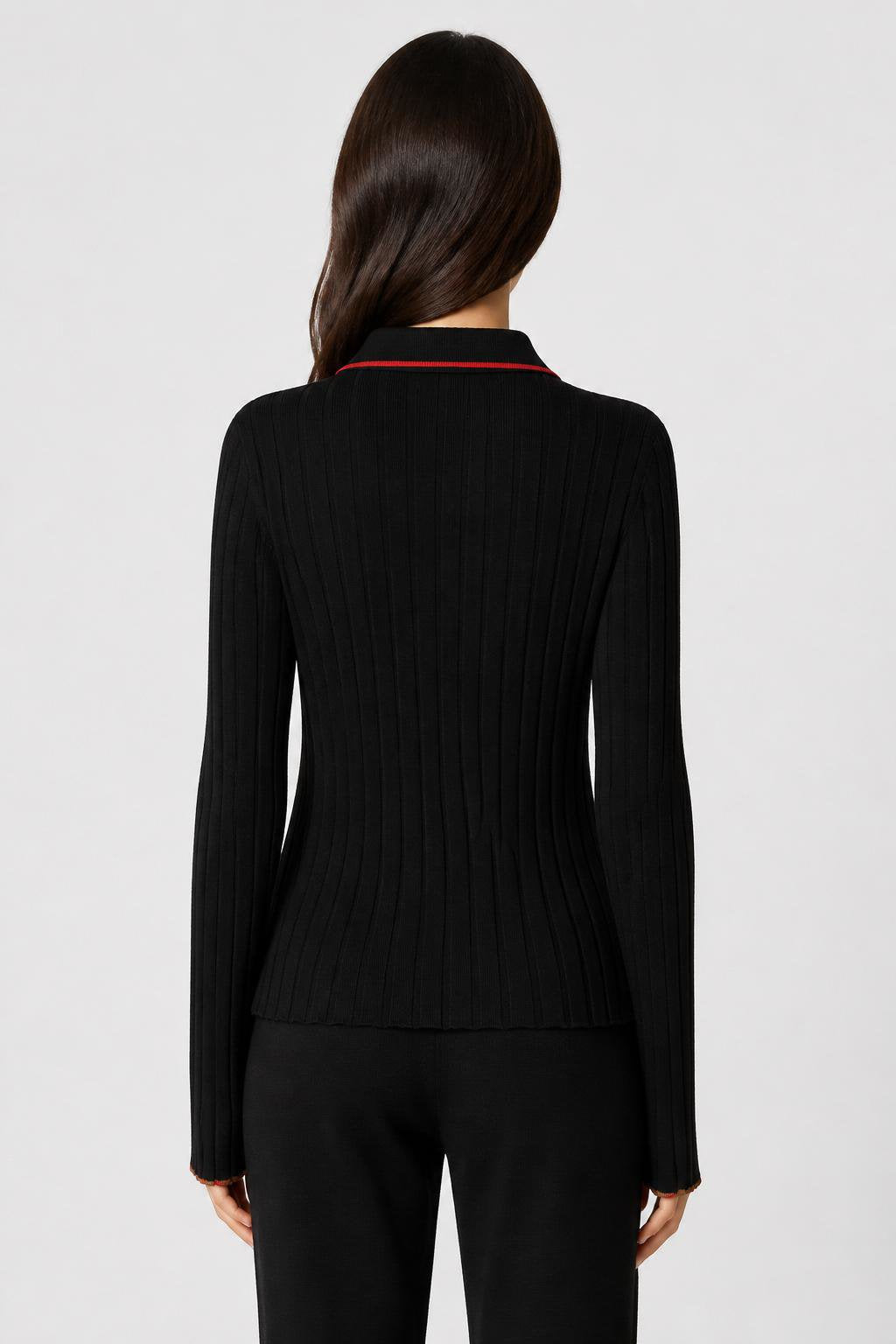BLACK + RED AND CAMEL CASHMERE RIBBED CARDIGAN