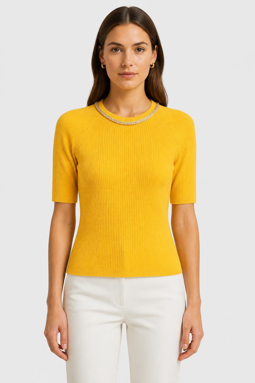 YELLOW KNITTED T-SHIRT WITH CHAIN