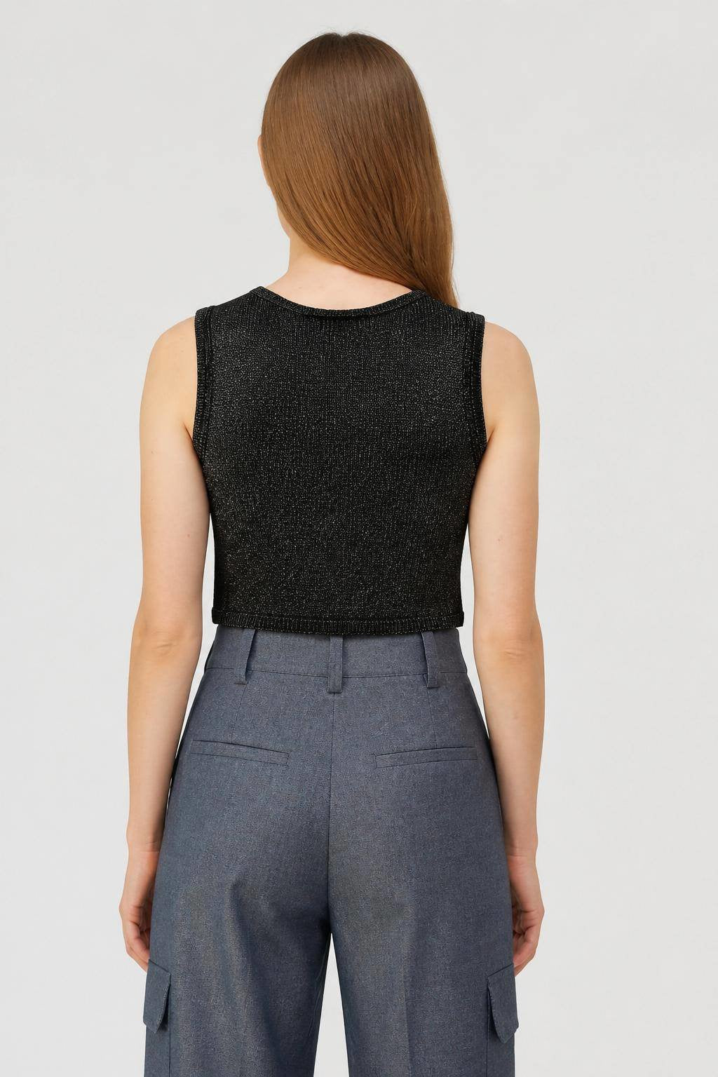 BLACK LUREX KNOT MOTIF CROP TOP