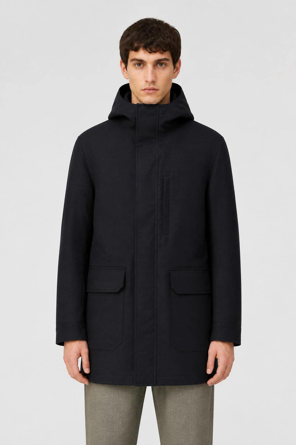 BLUE WATER REPELLENT EMBROIDERED NATURAL FIBER PARKA