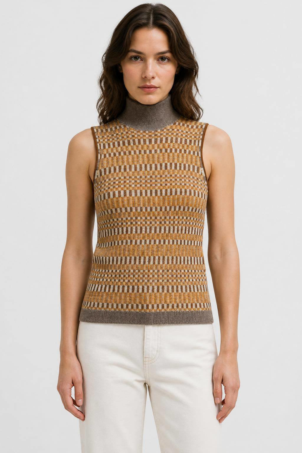 SUN MICRO-CHECK KNITTED SLEEVELESS TURTLENECK