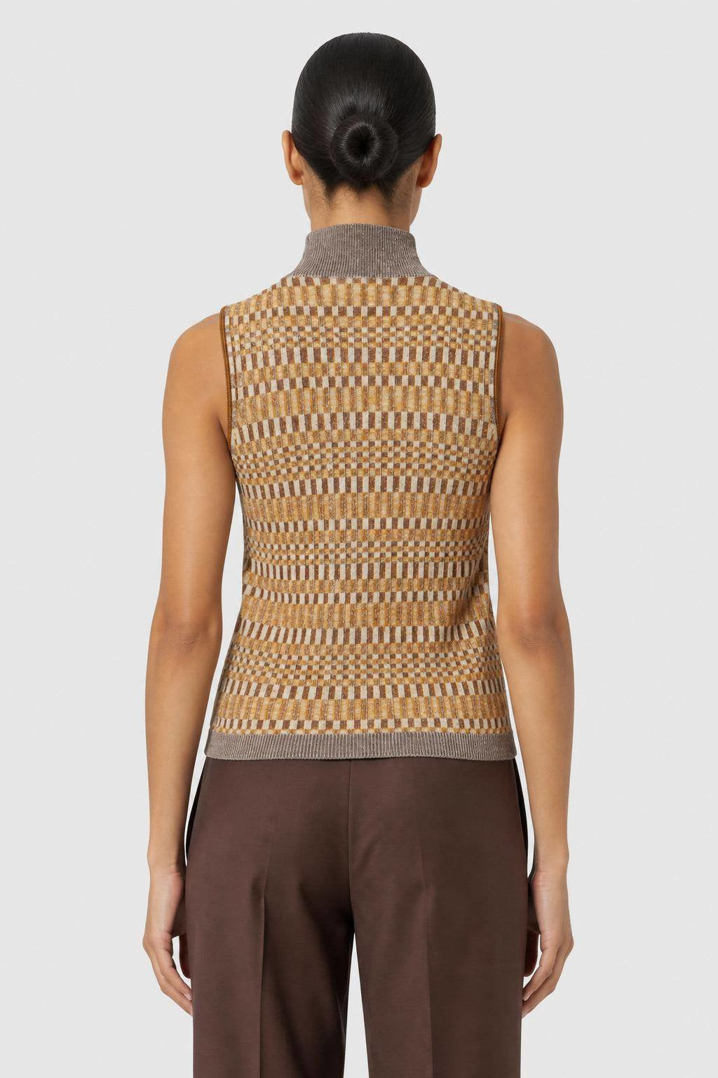 SUN MICRO-CHECK KNITTED SLEEVELESS TURTLENECK