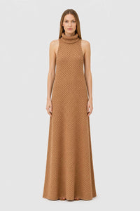 CAMEL JACQUARD SLEEVELESS MAXI COLLAR LONG DRESS