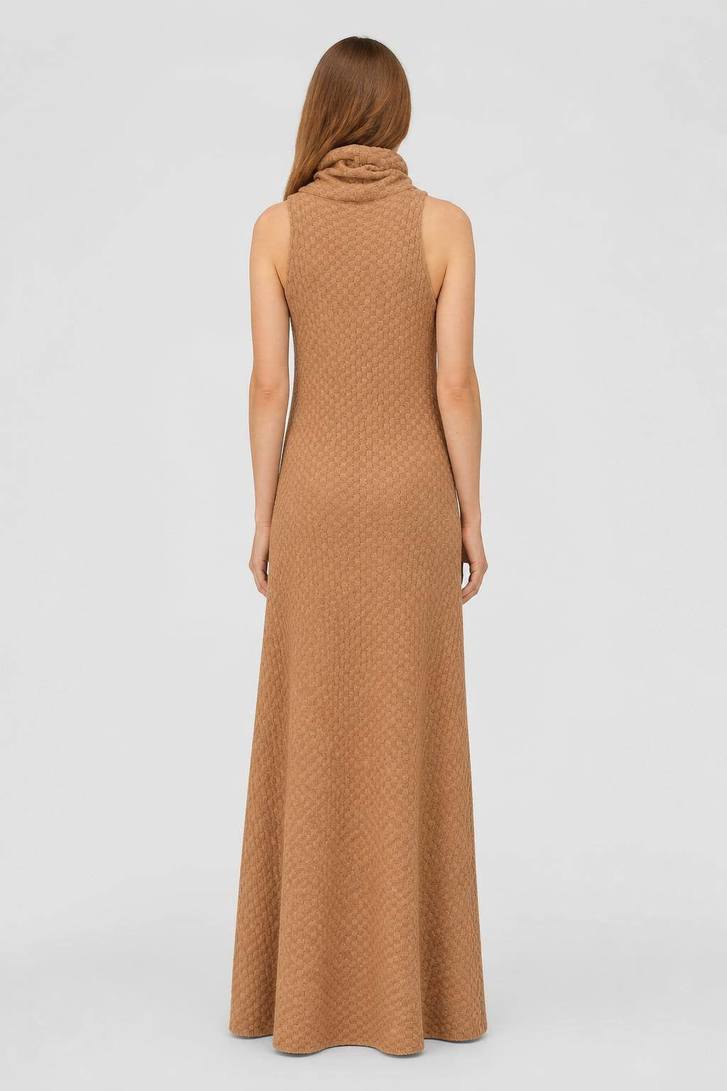 CAMEL JACQUARD SLEEVELESS MAXI COLLAR LONG DRESS