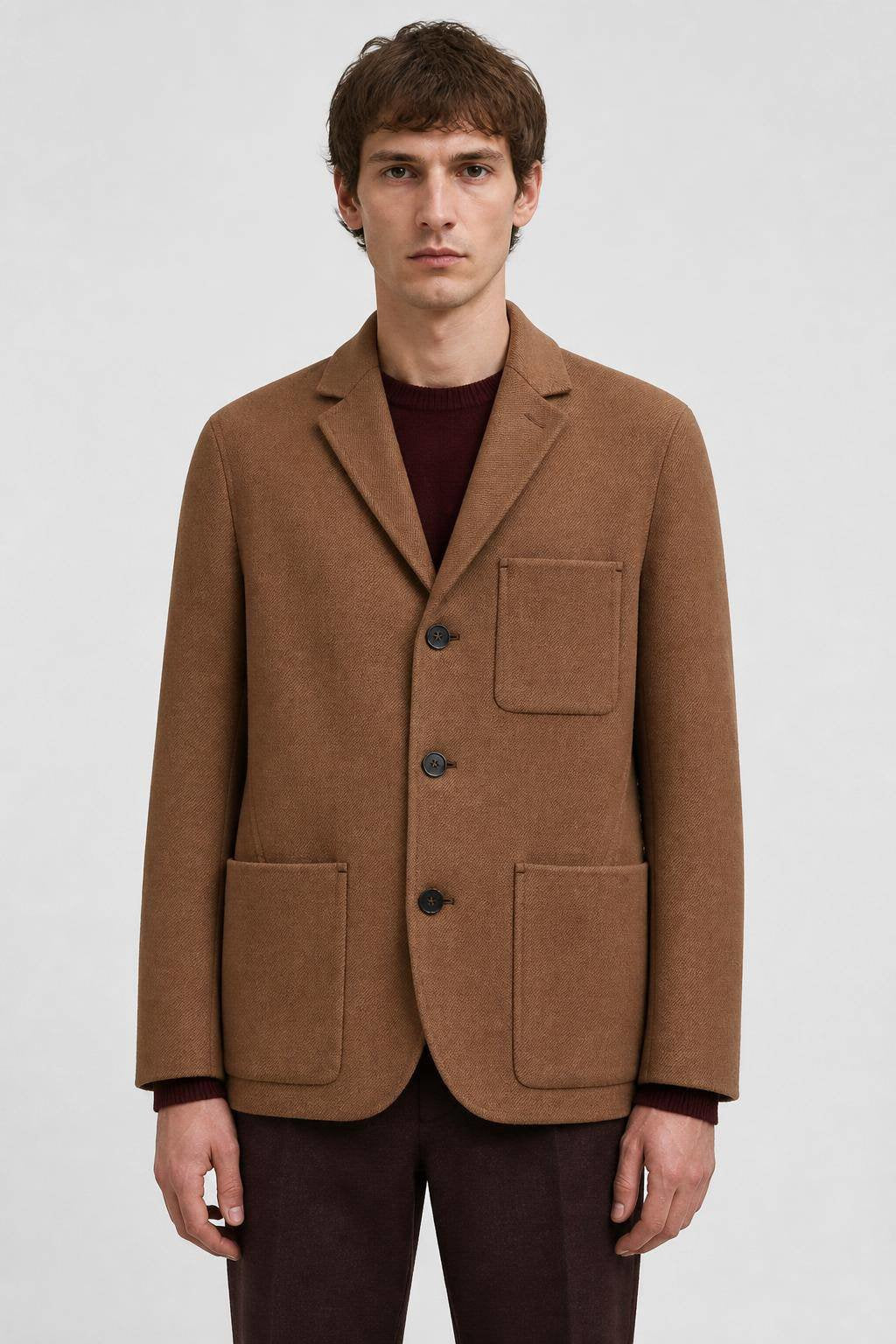 CAMEL AND AMARANTO BICOLOR DOUBLE JACKET WITH EMBROIDERED DETAIL