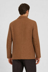CAMEL AND AMARANTO BICOLOR DOUBLE JACKET WITH EMBROIDERED DETAIL