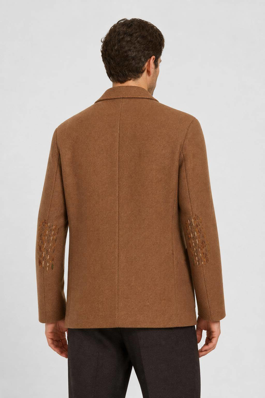 CAMEL AND AMARANTO BICOLOR DOUBLE JACKET WITH EMBROIDERED DETAIL