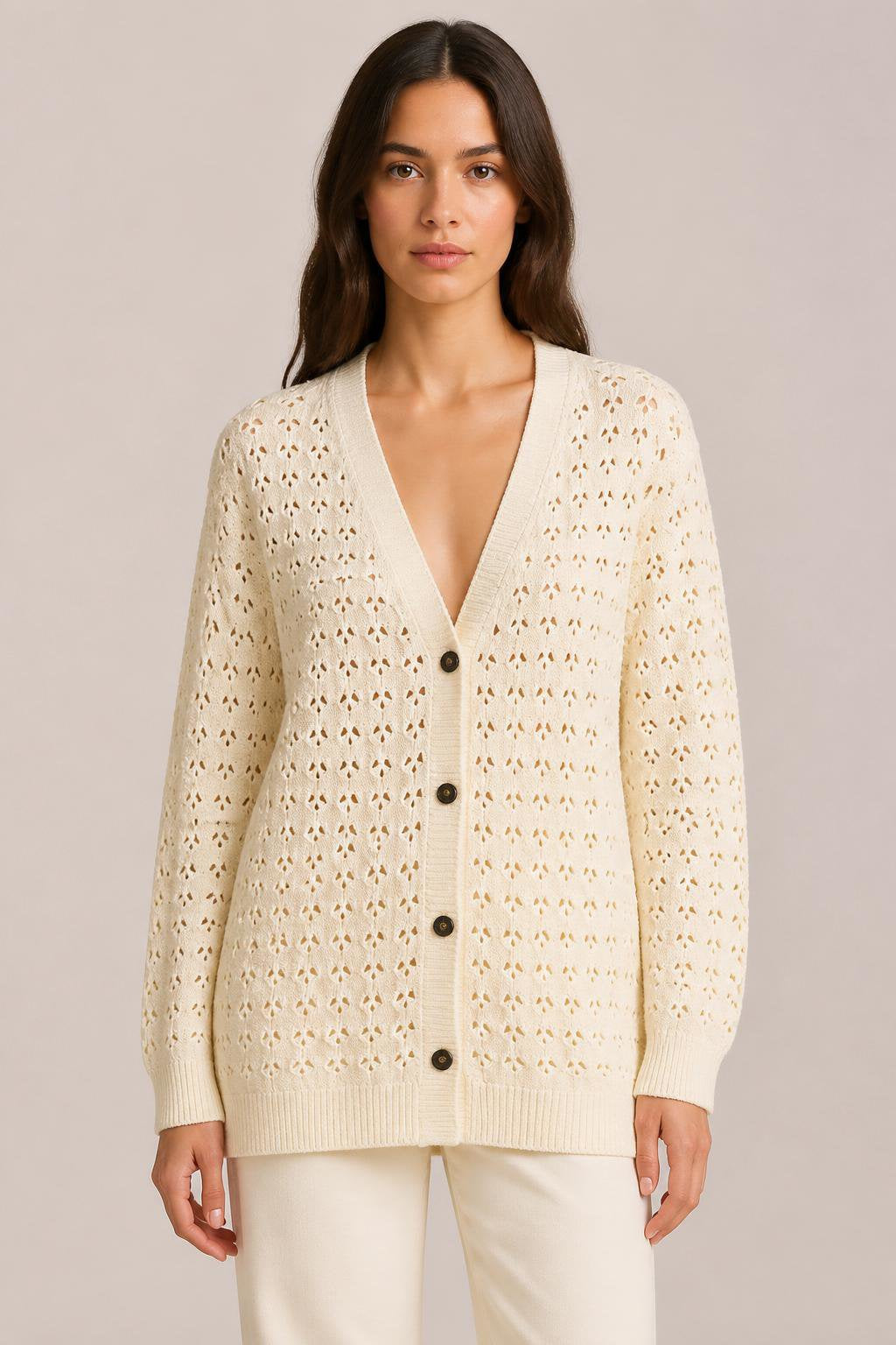 BUTTER COTTON AND SILK OPENWORK KNIT CARDIGAN