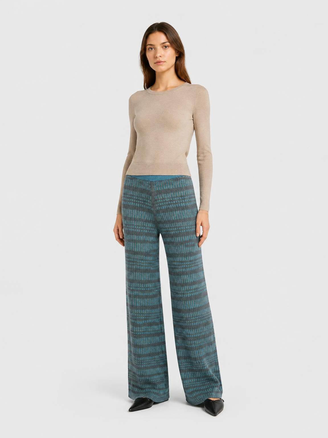 TURQUOISE MICRO-CHECK KNITTED PANTS