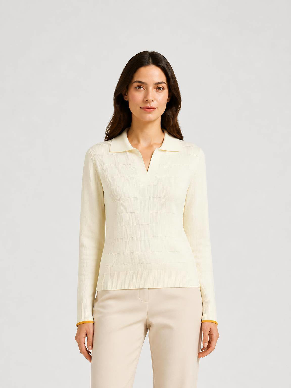 BUTTER AND YELLOW KNITTED DAMIER LONG SLEEVES POLO