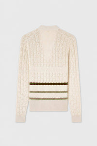 BUTTER, TOBACCO, GREEN MIX STITCH KNIT CARDIGAN