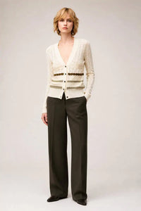 BUTTER, TOBACCO, GREEN MIX STITCH KNIT CARDIGAN