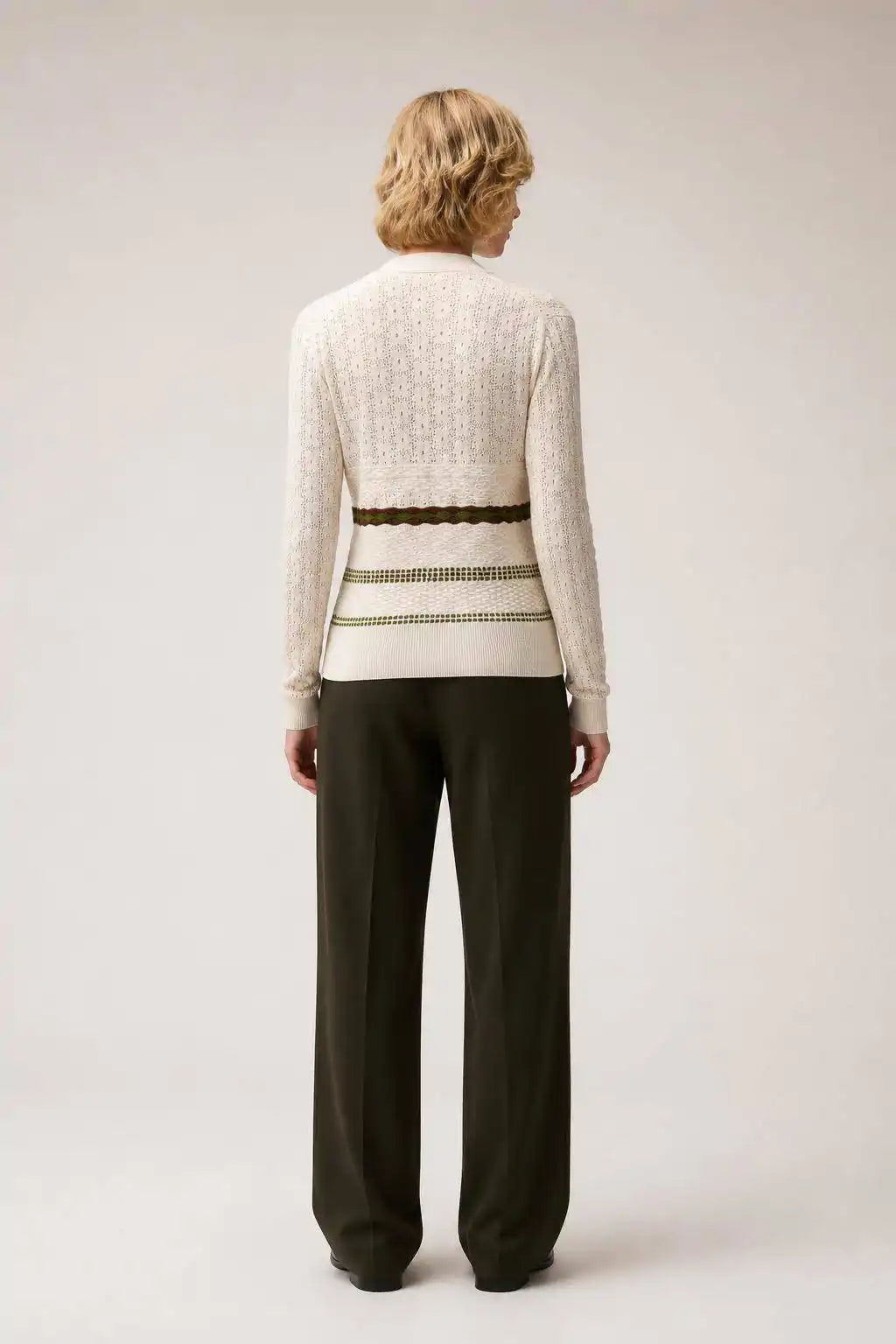 BUTTER, TOBACCO, GREEN MIX STITCH KNIT CARDIGAN
