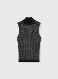 BLACK MICRO-CHECK KNITTED SLEEVELESS TURTLENECK