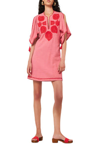 Robe courte brodée Tiki - Corail