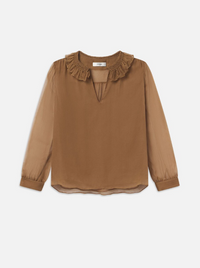 SHIRRED RUFFLE NECK BLOUSECAMEL