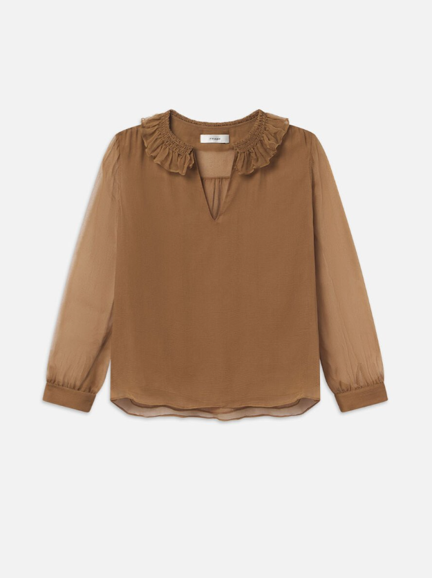 SHIRRED RUFFLE NECK BLOUSECAMEL