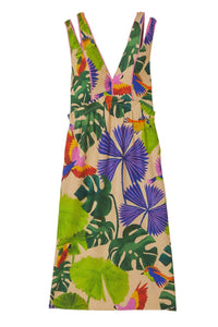 Robe midi Macaw Jungle à col V en lin - Beige
