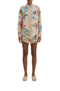 Stitched Birds linen shorts - White