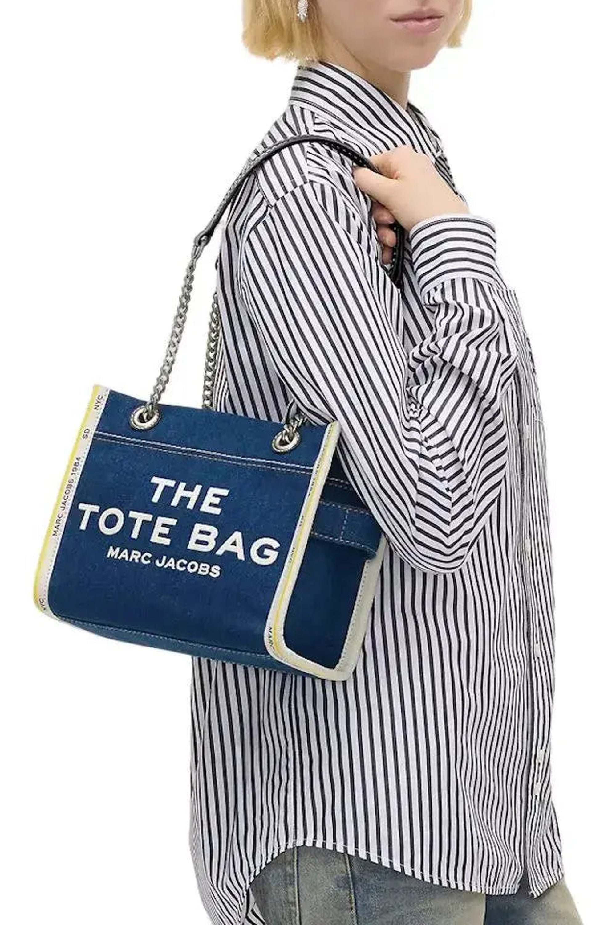 Sac cabas The Tote en denim à chaînes - Dark Wash