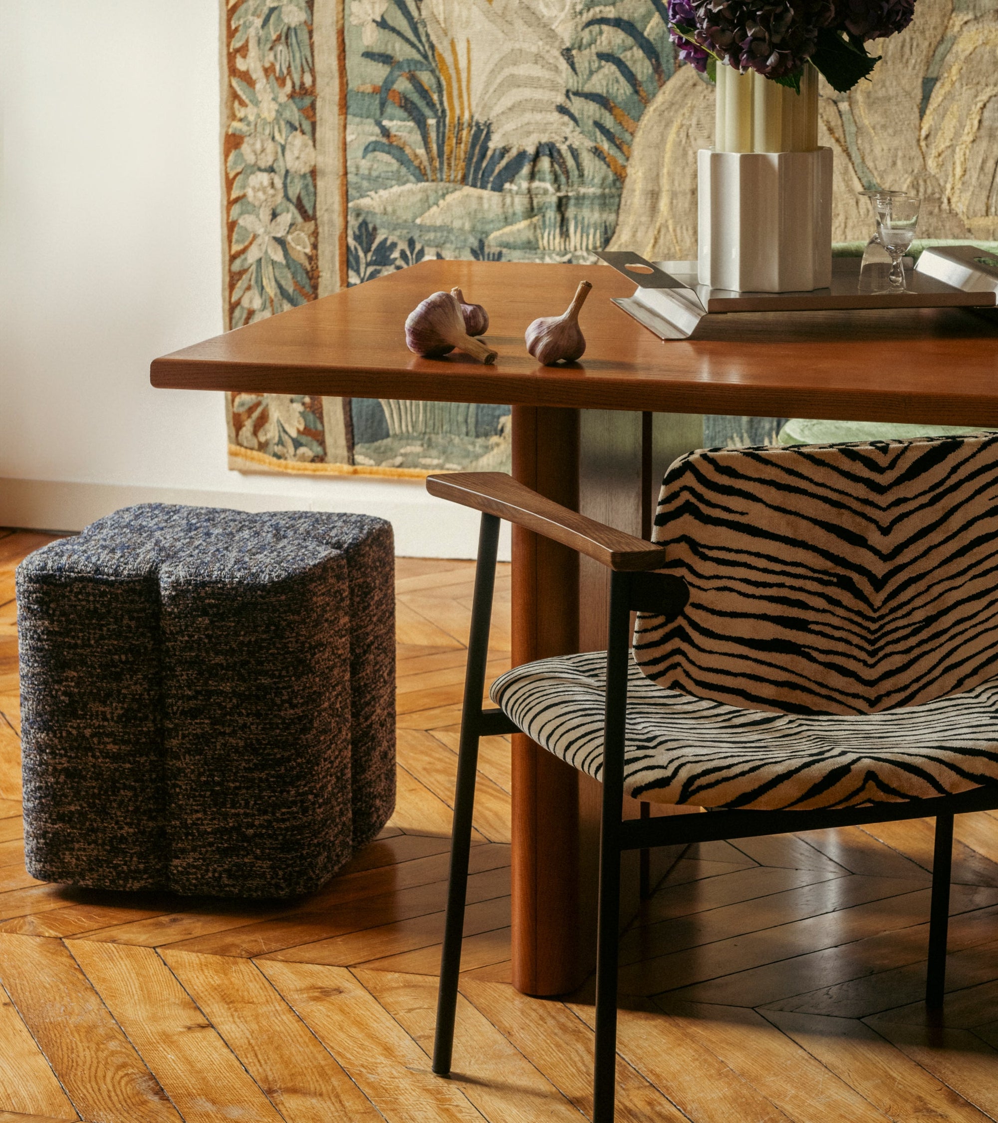 Pouf Fiori effet tweed - Bleu