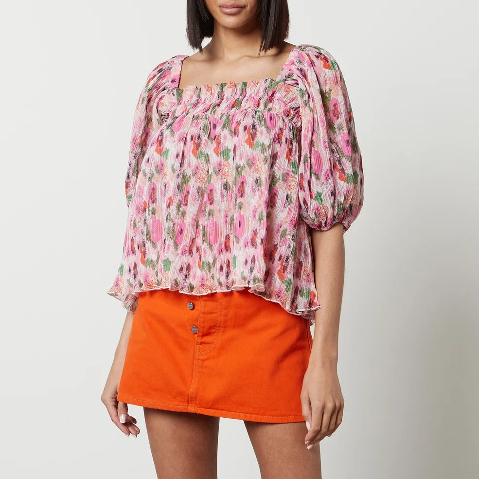 Blouse à manches bouffantes en georgette plissée - Sugar Plum