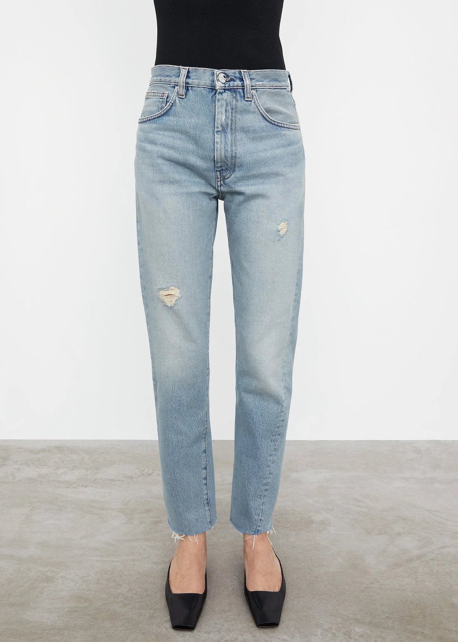 Pantalon coupe droite à coutures torsadées en denim - Distressed Light Blue
