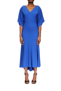 V-Nack Bias Godet Dress - Bright Blue