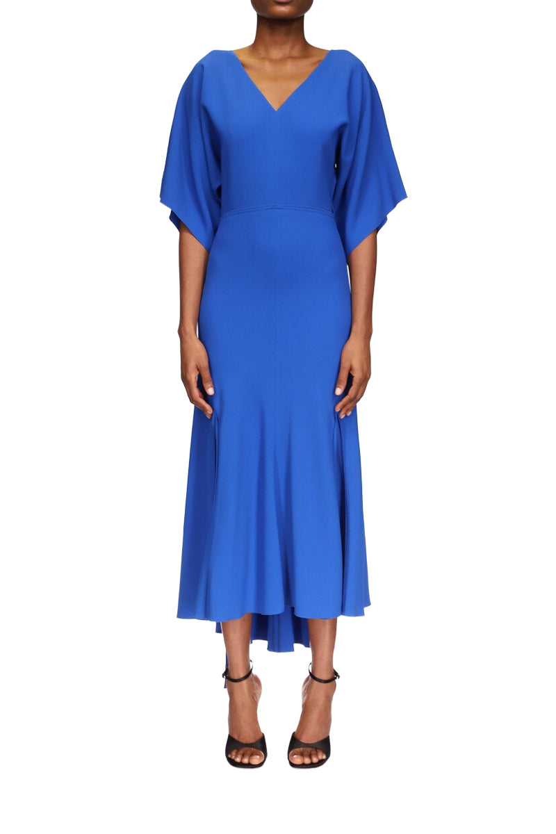 V-Nack Bias Godet Dress - Bright Blue