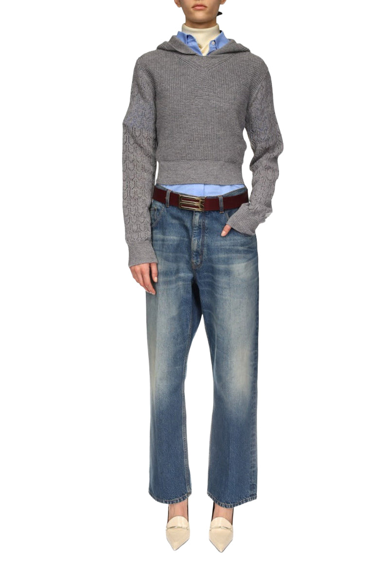 Hooded Pointelle Jumper - Grey Marl