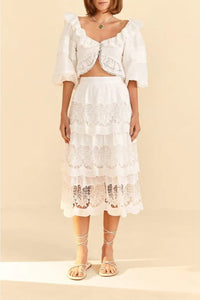 Top court en dentelle en coton - Blanc