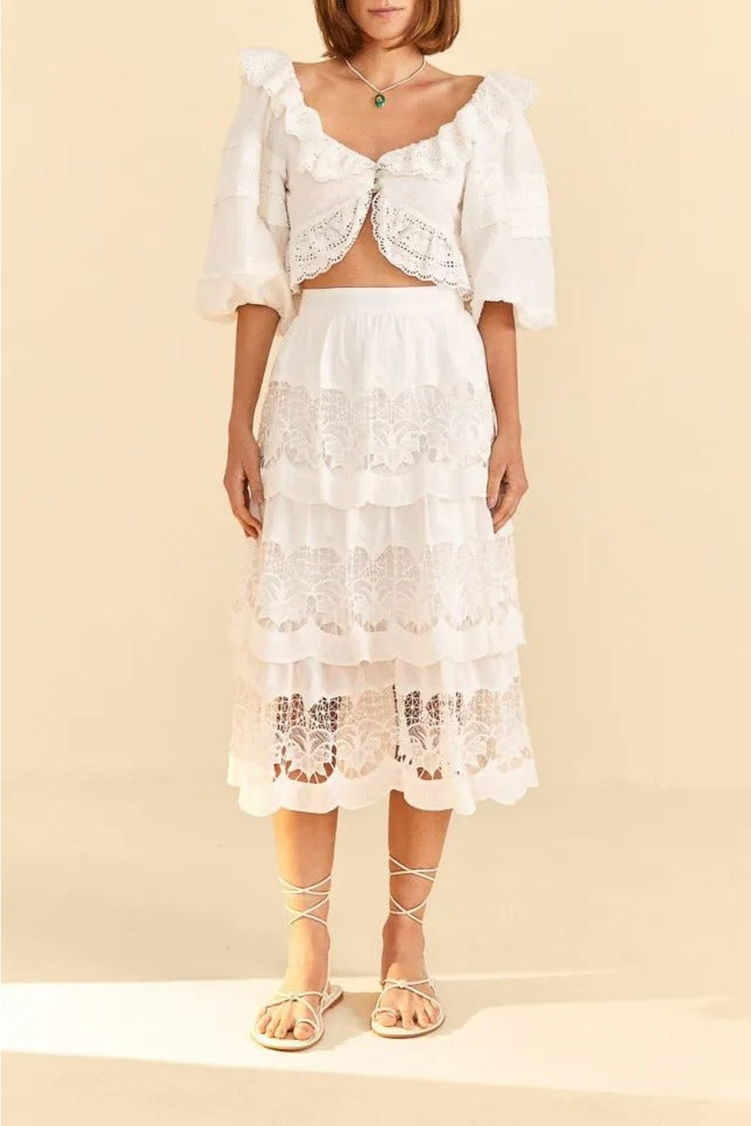Top court en dentelle en coton - Blanc