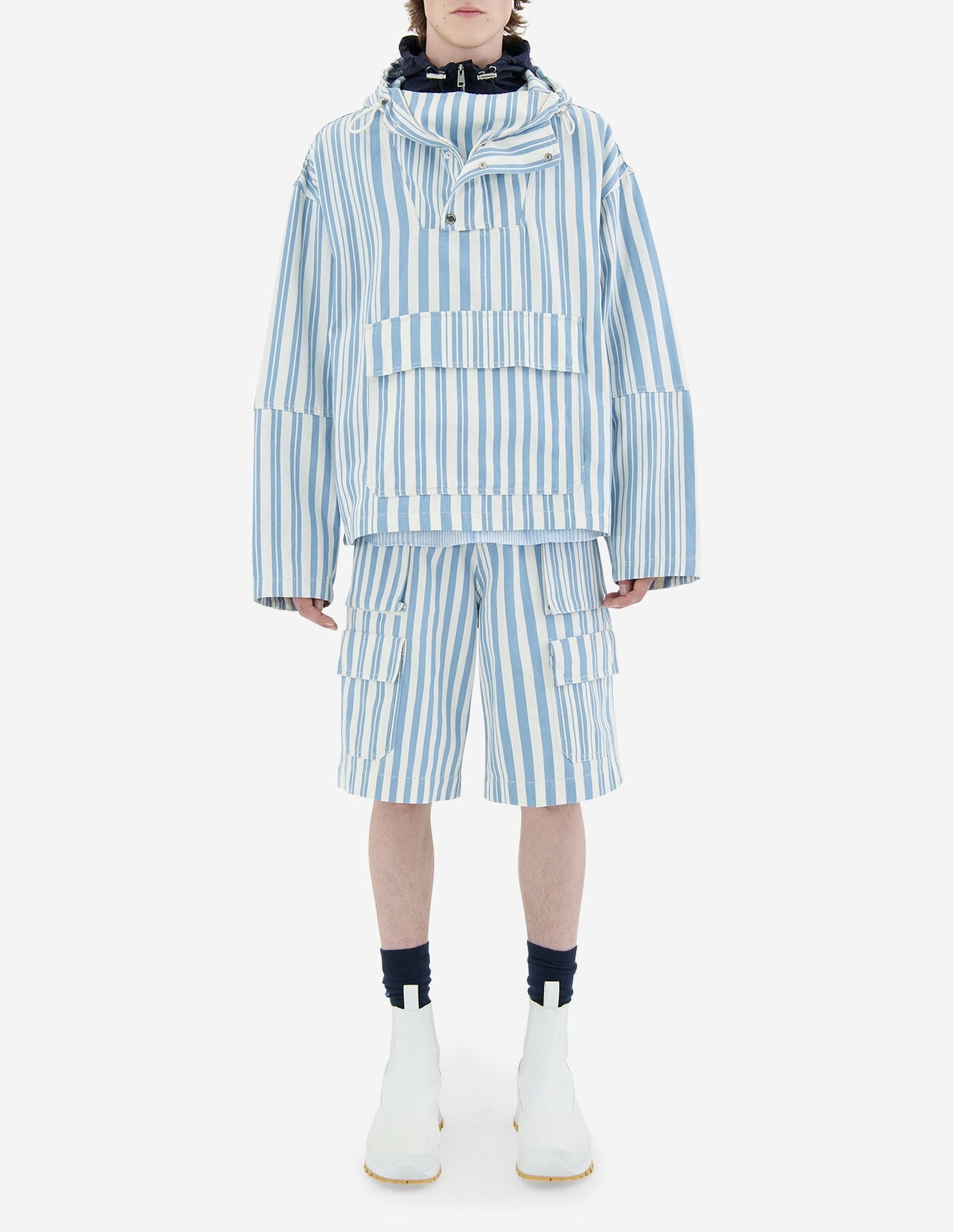 Striped boxy hooded jacket - Sky Blue Stripes