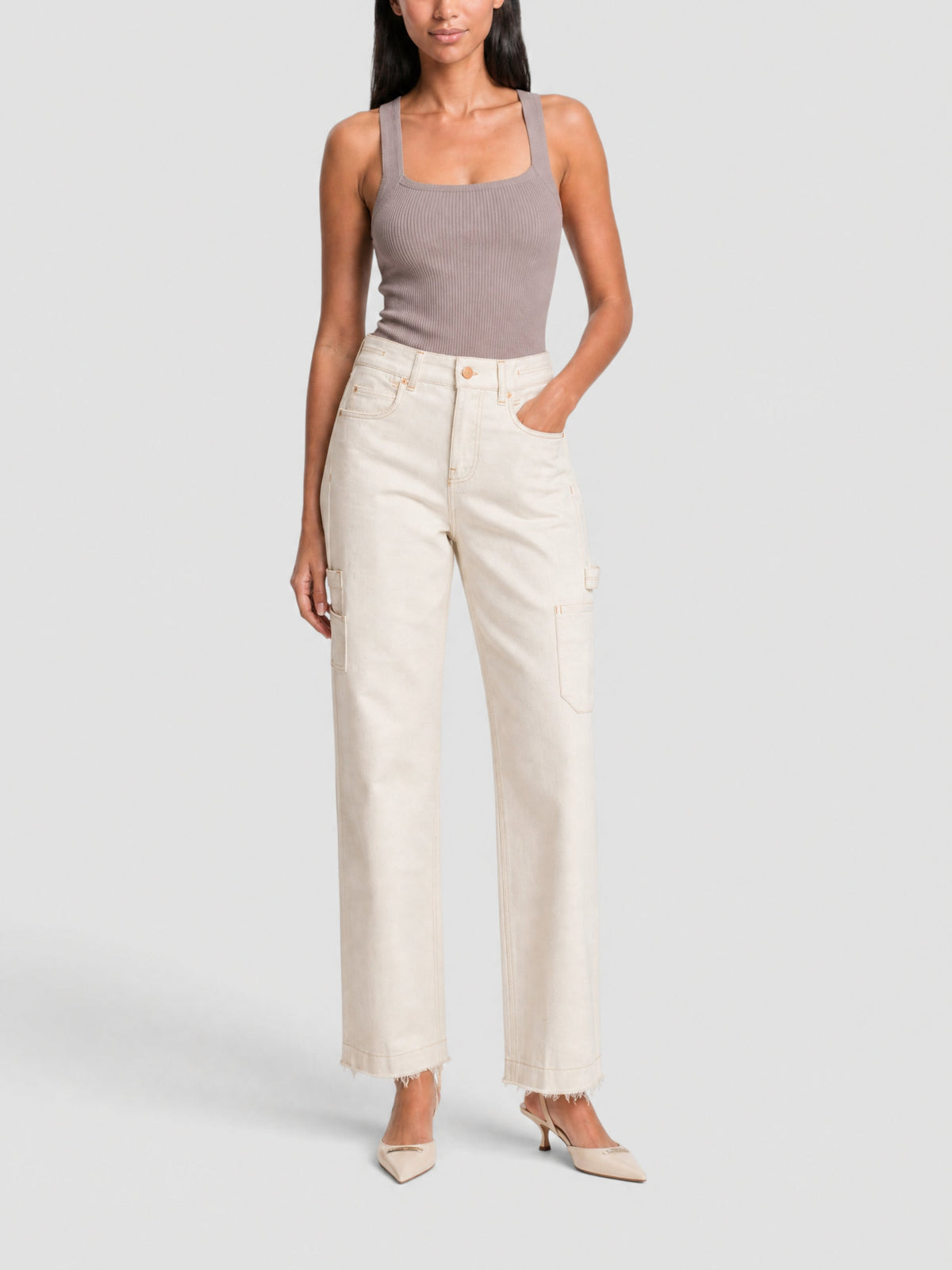 75€ / 16 sold //38 QTY / ST42%   Pantalon De-Nîmes taille haute en denim - Off White Beige