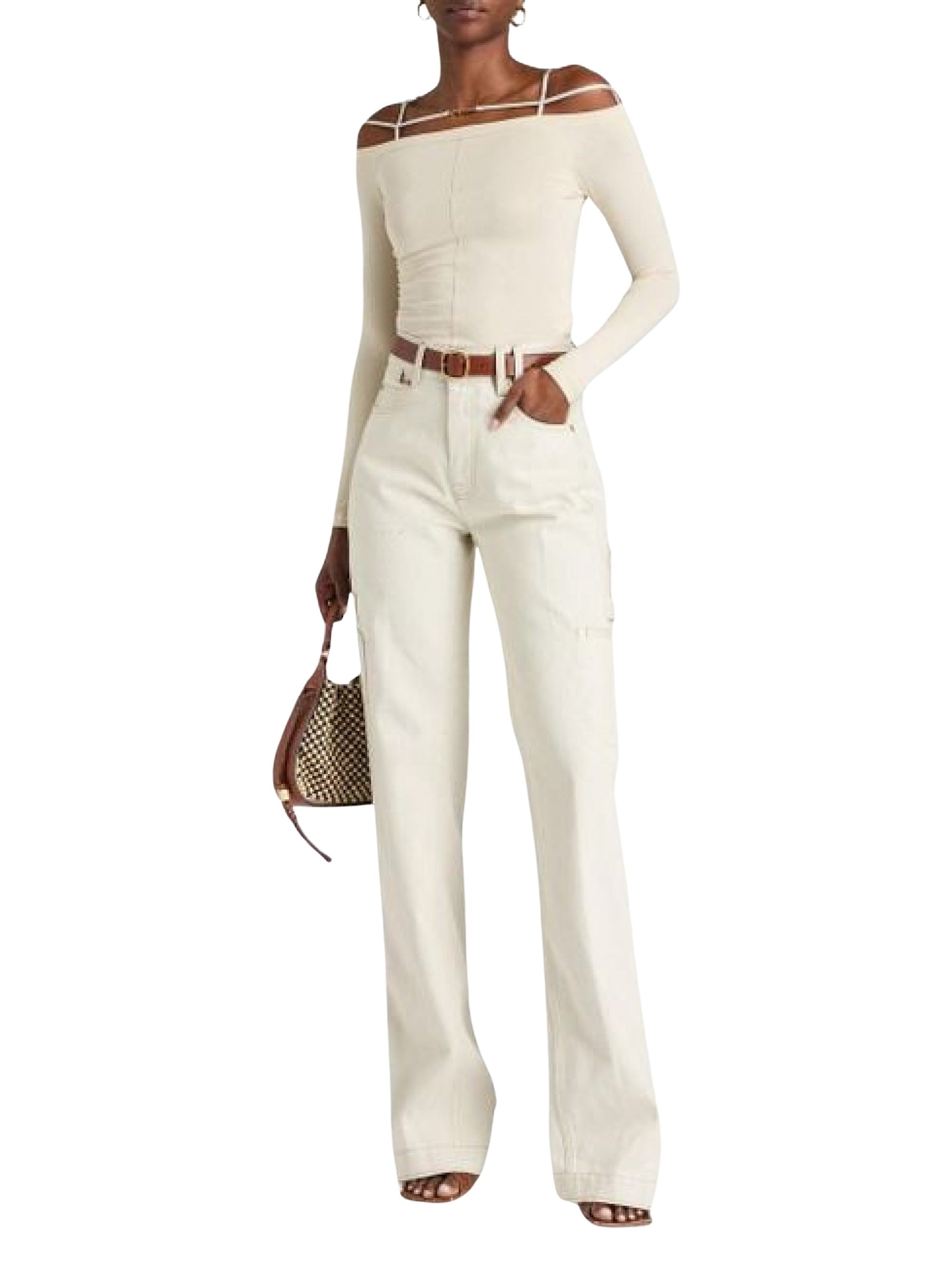 Pantalon De-Nîmes taille haute en denim - Off White & Beige