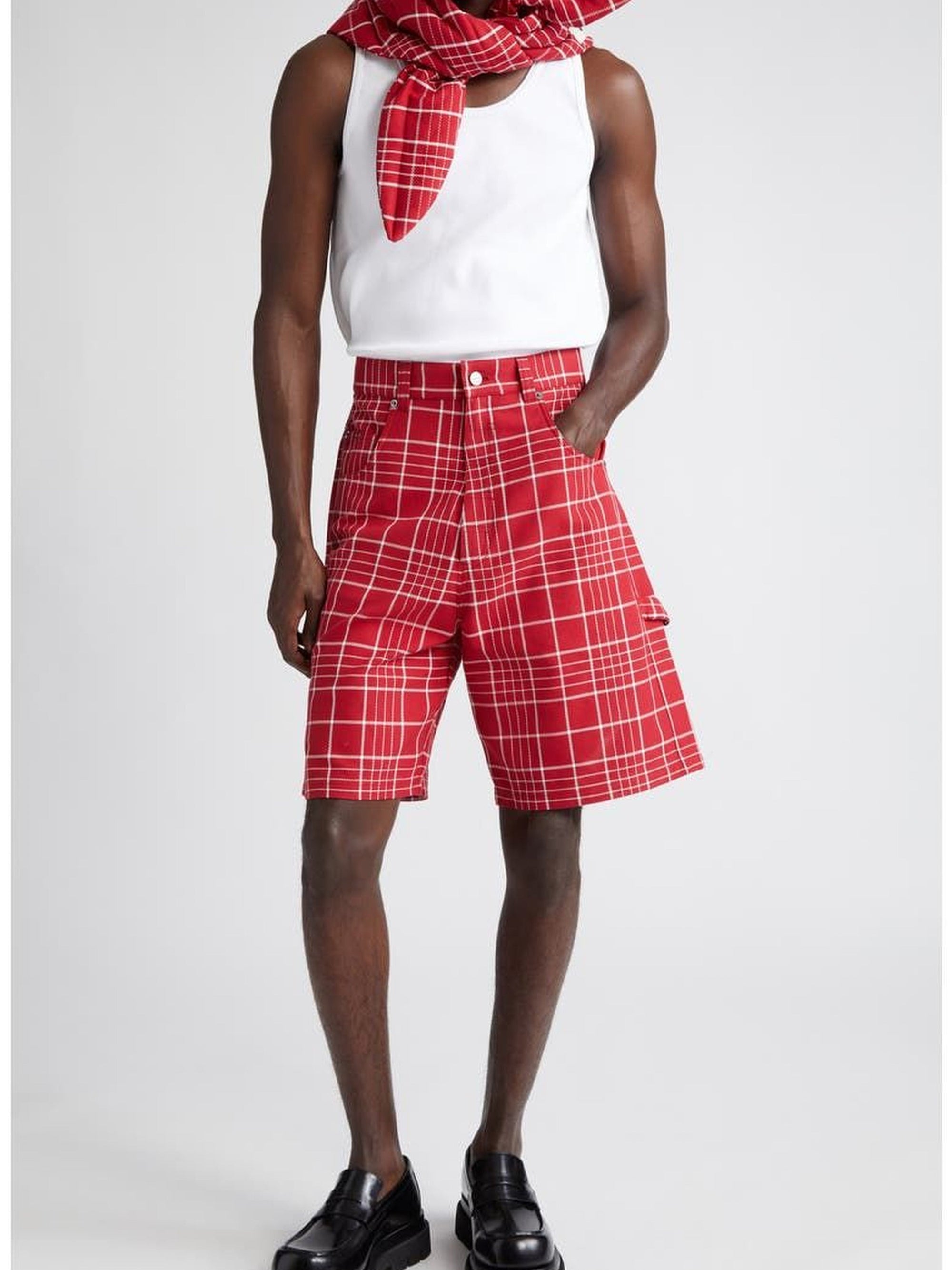 JACQUARD CHECK  DARK RED LE SHORT PANNI