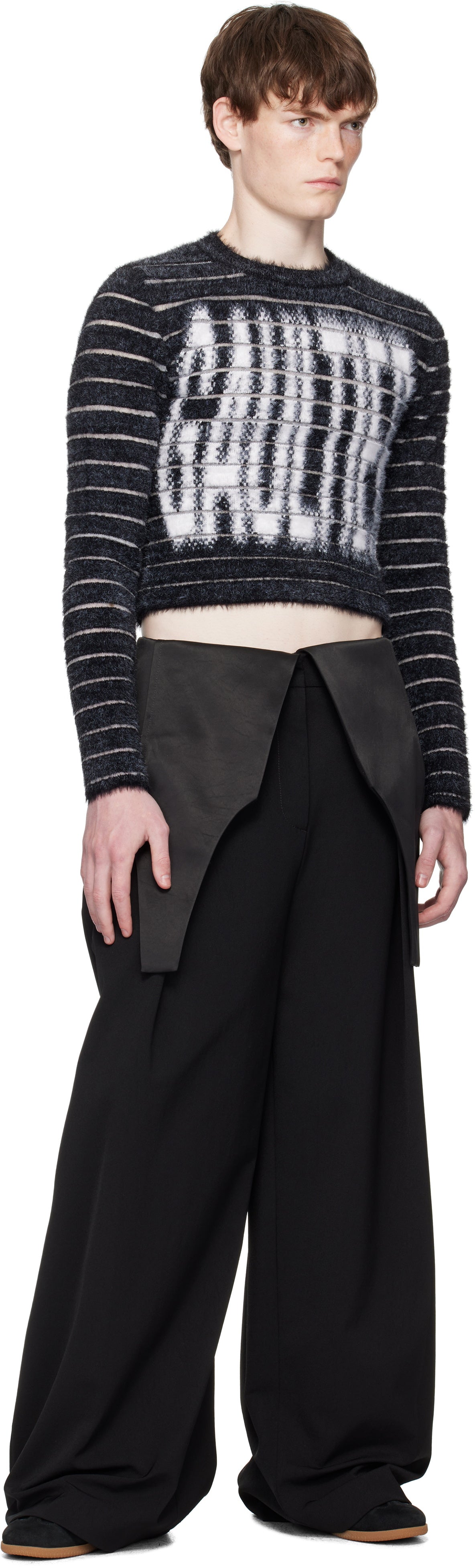 Mix Hairy And Transparent Striped Jacquard "Gaultier" Crew Neck Sweater - Black & White