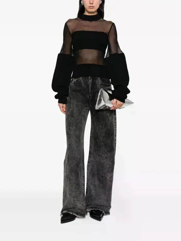 Lambswool Ribbed Long Sleeves Sweater With Mesh Cut Out Details - Black
