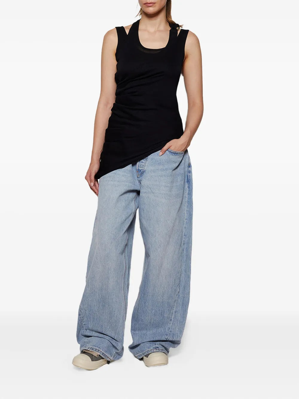 Cotton Ribbed Twisted Double Layer Tank Top With "Gaultier" Piercing - Black