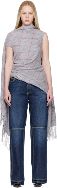 Scarf Draped Top With Closure On The Back - Lightgrey & Grey & Red