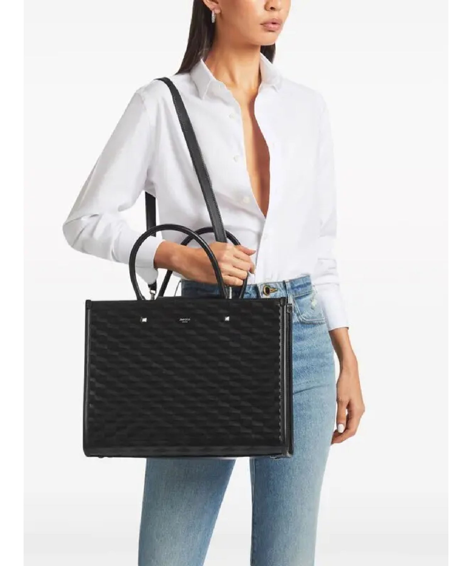 Avenue tote bag in leather with 3D printed pattern - Black & Antique Silver