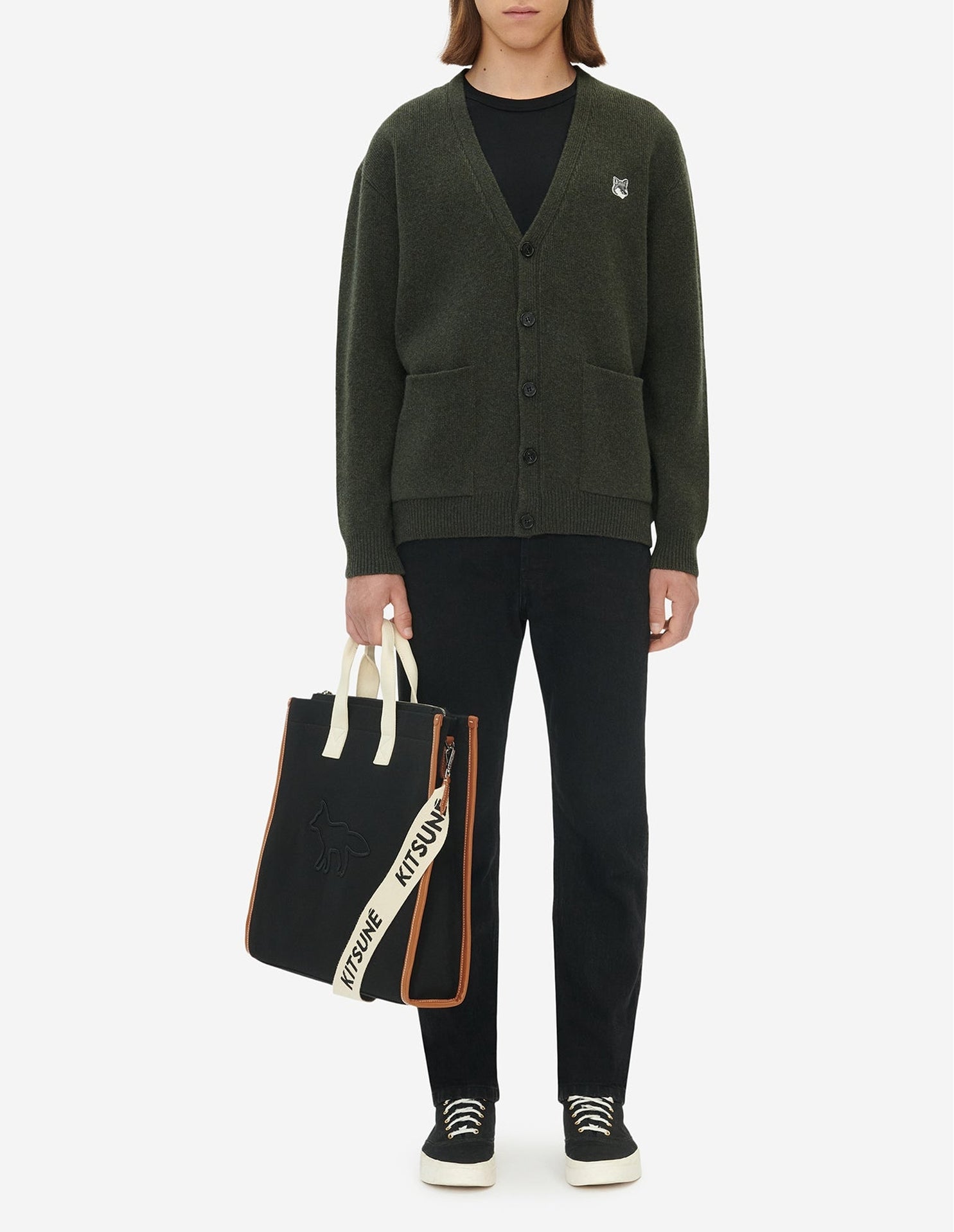 Cardigan à col V en laine - Khaki Grey