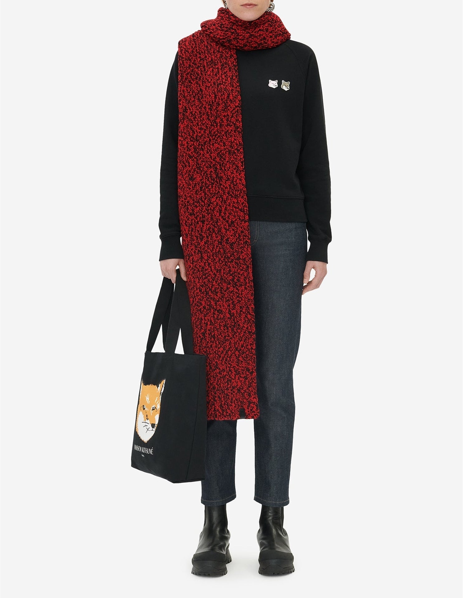 Écharpe avec étiquette en laine - Black Red Check