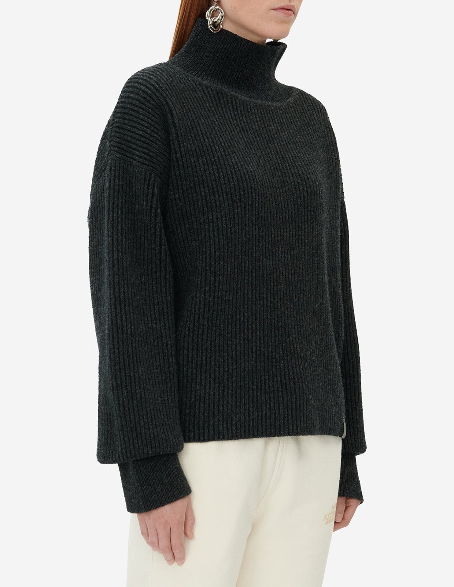 Pull à maille tressé et col roulé en laine - Dark Grey Melange