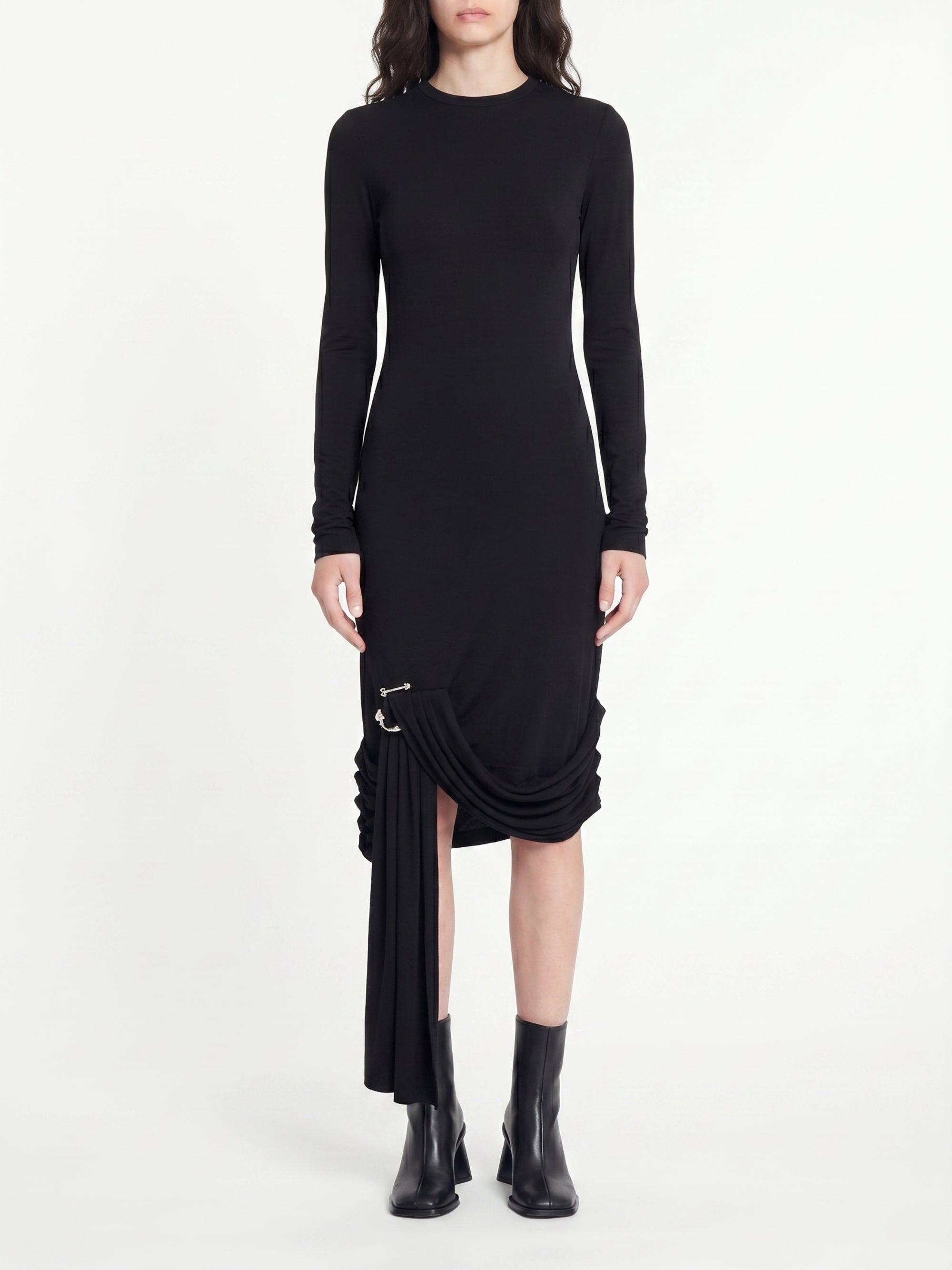 Robe courte drapée à manches longues - Black