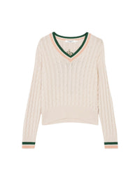 Long-sleeved v-neck jumper with crest - Ecru