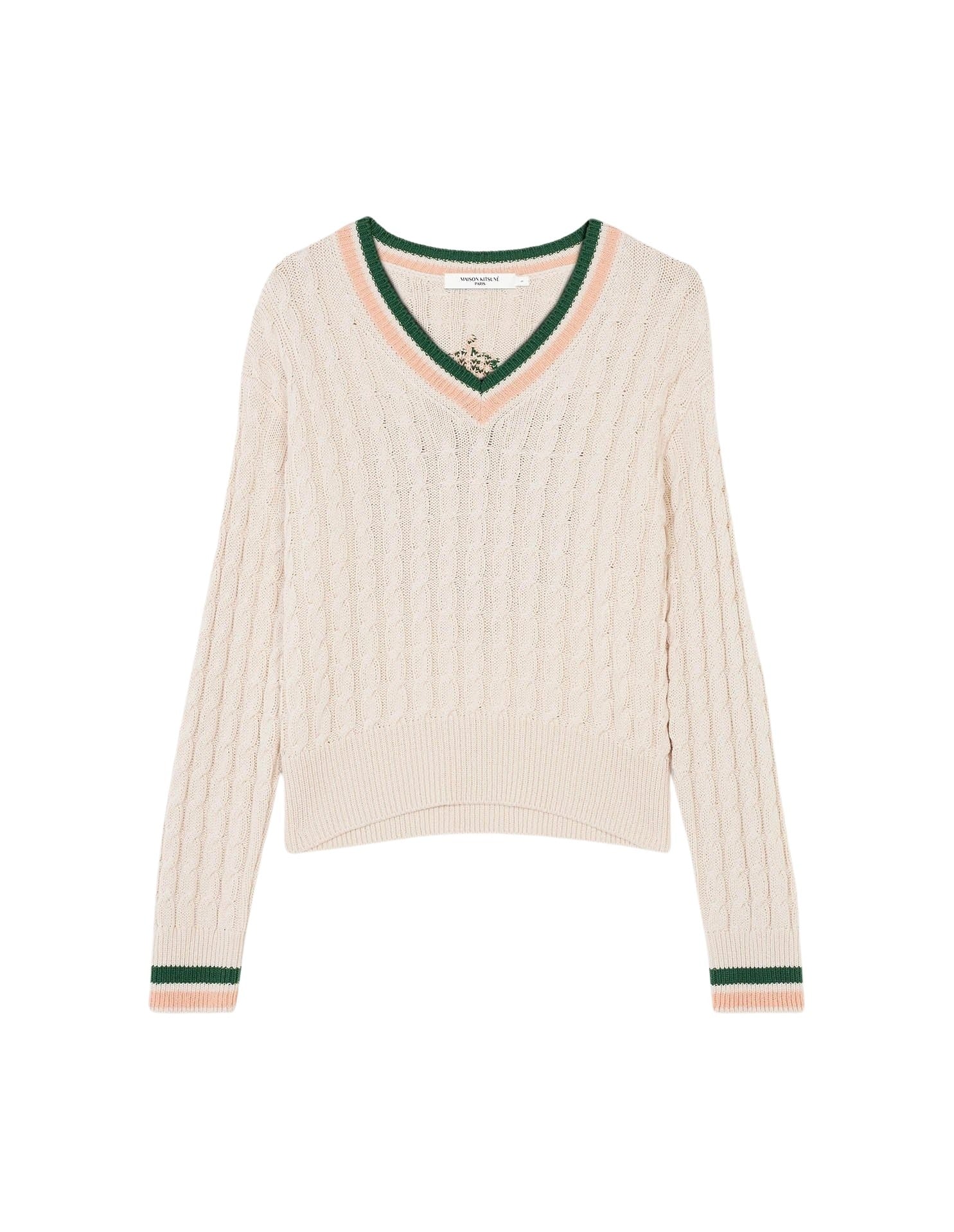 Pull à col en V à manches longues avec écusson - Ecru